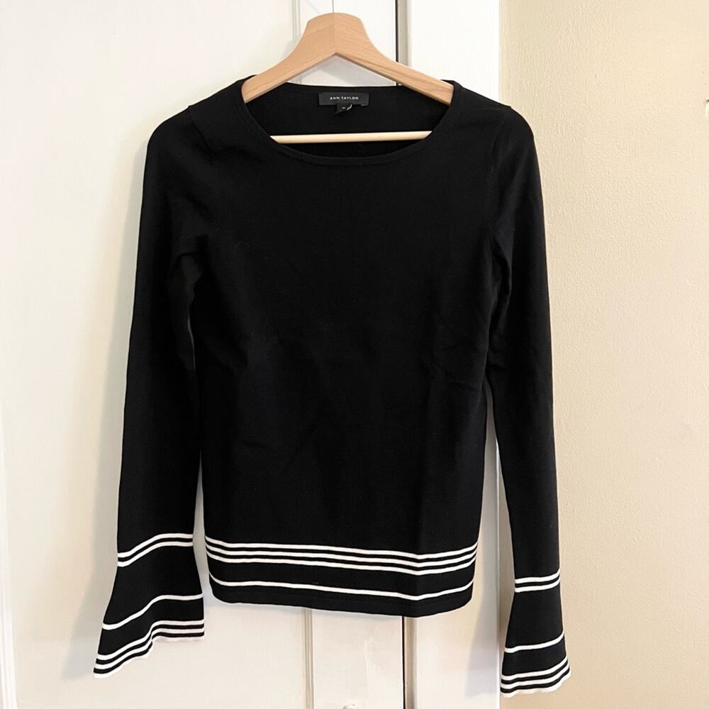 Ann Taylor loft black and white striped bell sleeve knit top